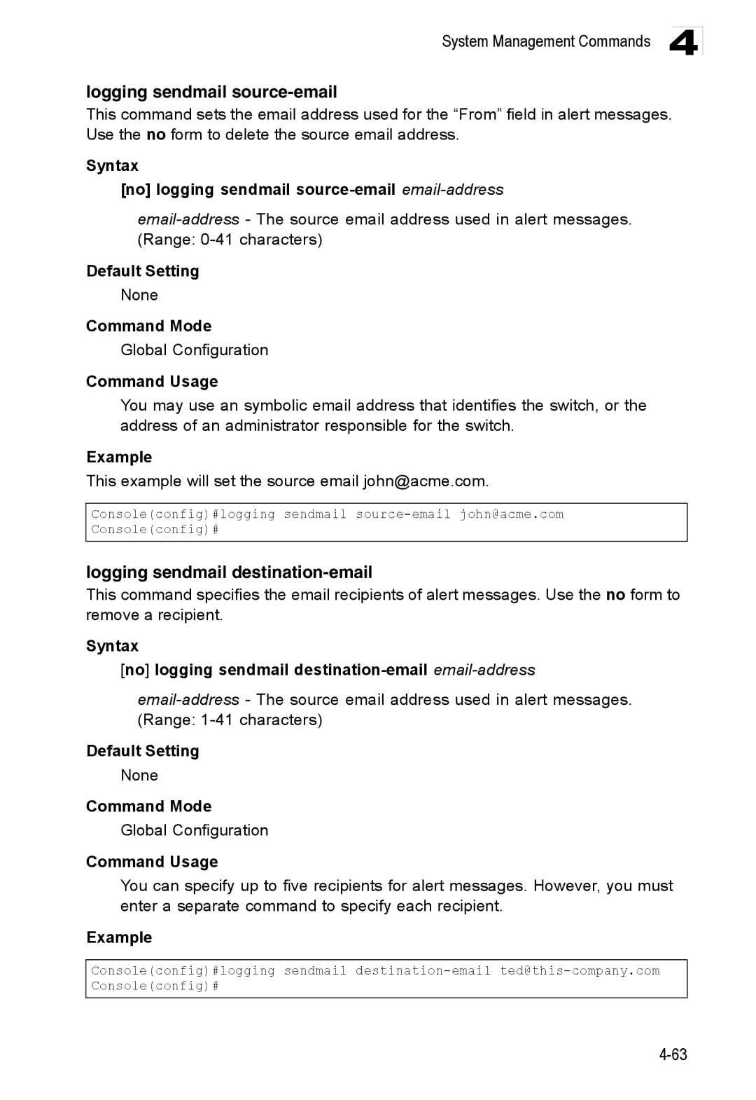 Accton Technology ES3528M-SFP manual Logging sendmail source-email, Logging sendmail destination-email 