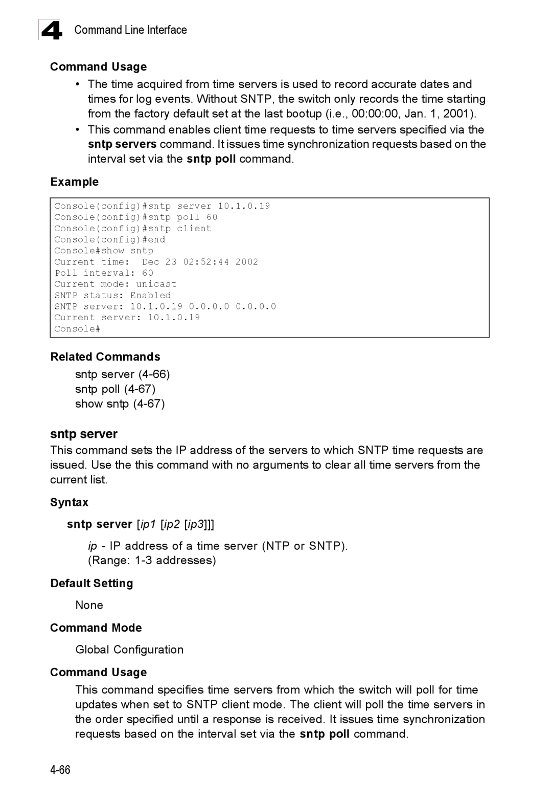 Accton Technology ES3528M-SFP manual Sntp server 4-66 sntp poll 4-67 show sntp, Syntax Sntp server ip1 ip2 ip3 