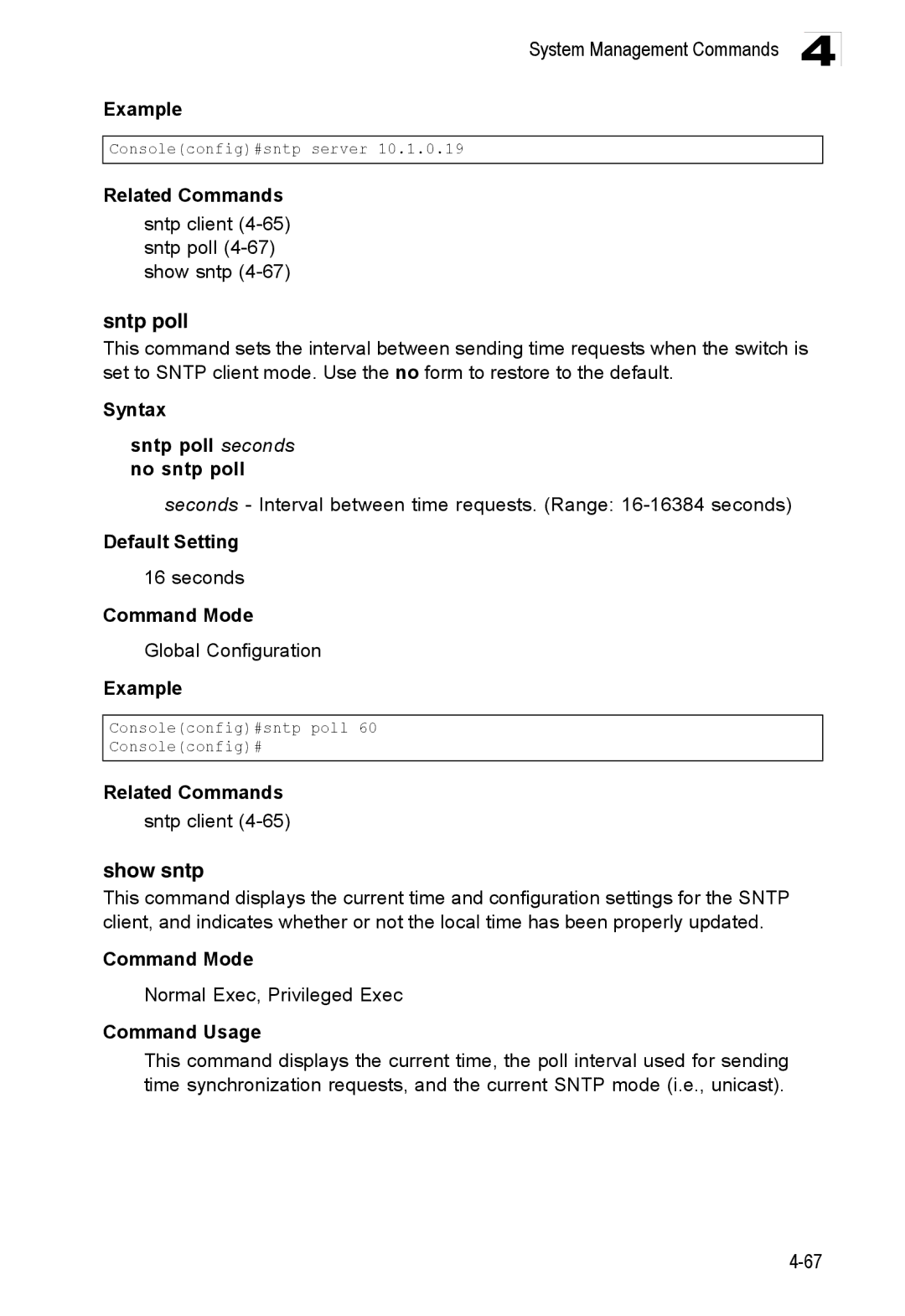 Accton Technology ES3528M-SFP manual Sntp poll, Show sntp, Sntp client 4-65 sntp poll 4-67 show sntp 