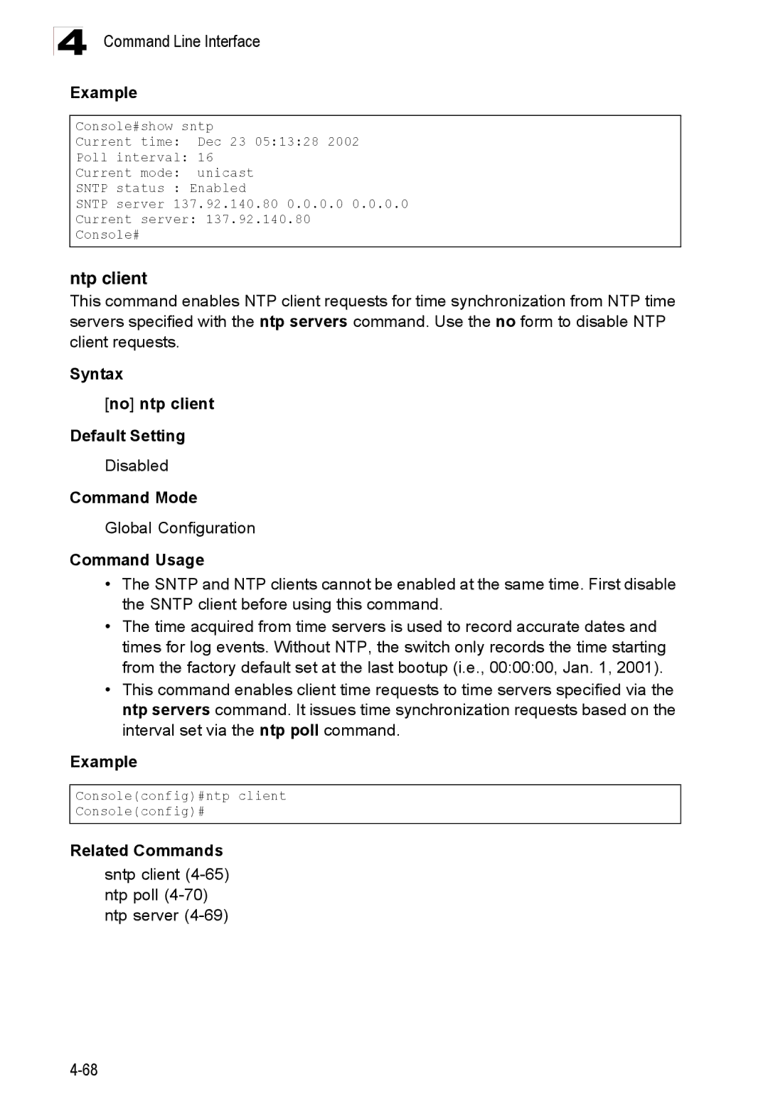 Accton Technology ES3528M-SFP Ntp client, Syntax No ntp client Default Setting, Sntp client 4-65 ntp poll 4-70 ntp server 