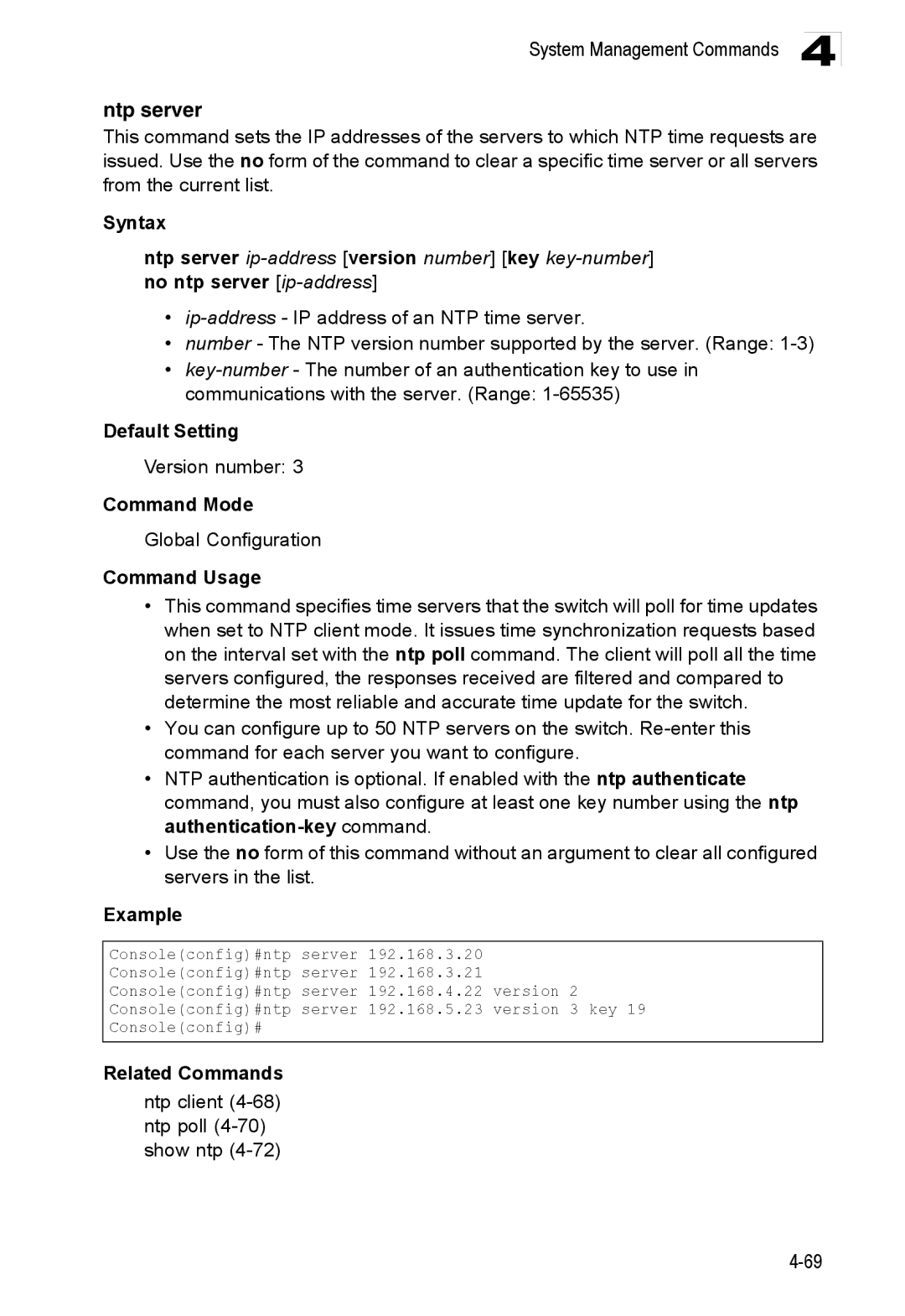 Accton Technology ES3528M-SFP manual Ntp server, Syntax, Version number, Ntp client 4-68 ntp poll 4-70 show ntp 