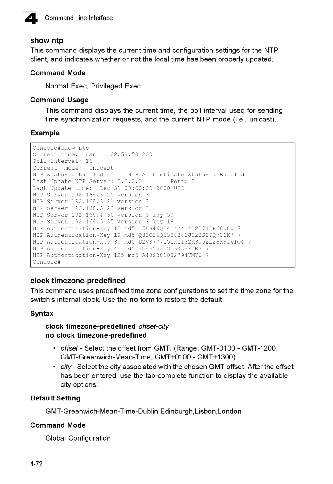 Accton Technology ES3528M-SFP Show ntp, Clock timezone-predefined, GMT-Greenwich-Mean-Time-Dublin,Edinburgh,Lisbon,London 