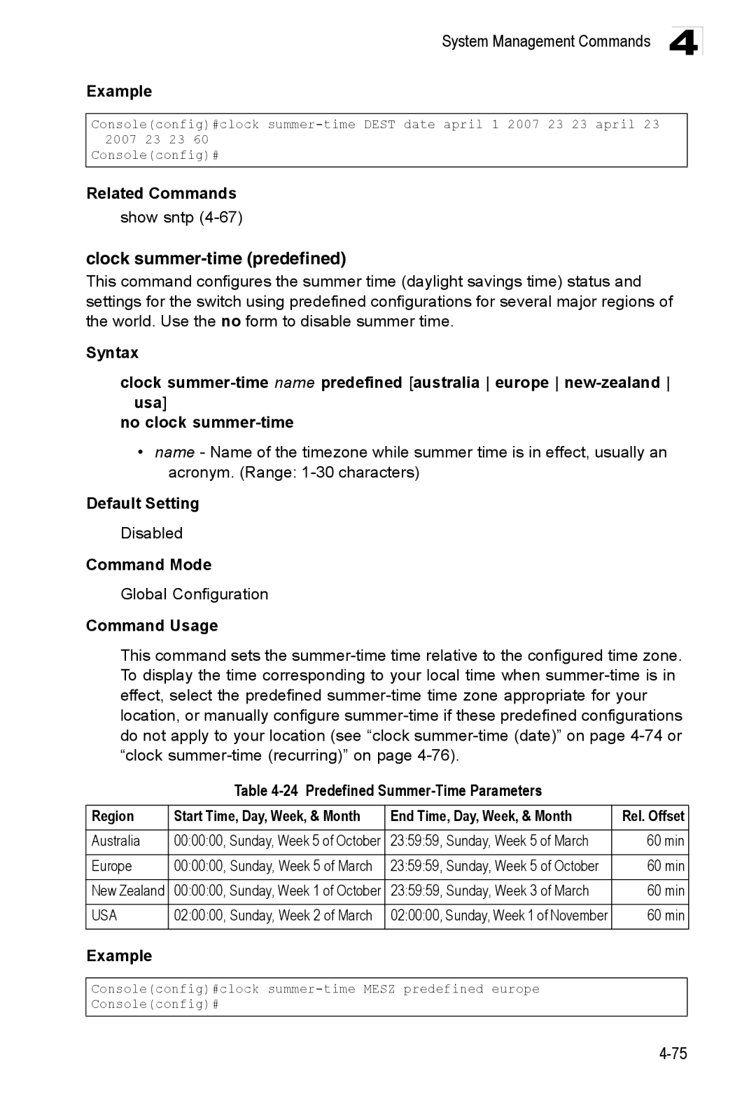 Accton Technology ES3528M-SFP manual Clock summer-time predefined, Australia, 235959, Sunday, Week 5 of March 60 min Europe 