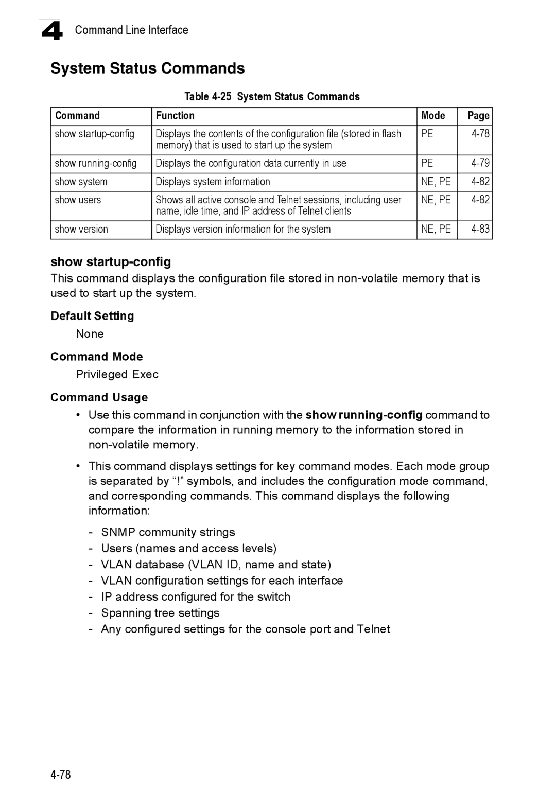 Accton Technology ES3528M-SFP manual Show startup-config, System Status Commands Function Mode 