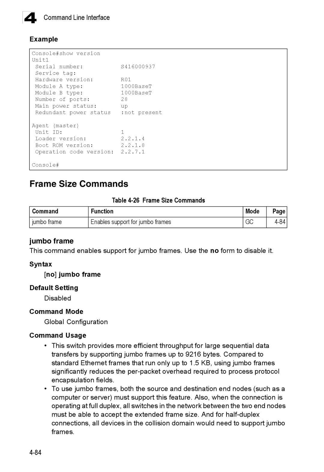 Accton Technology ES3528M-SFP Jumbo frame, Frame Size Commands Function Mode, Syntax No jumbo frame Default Setting 