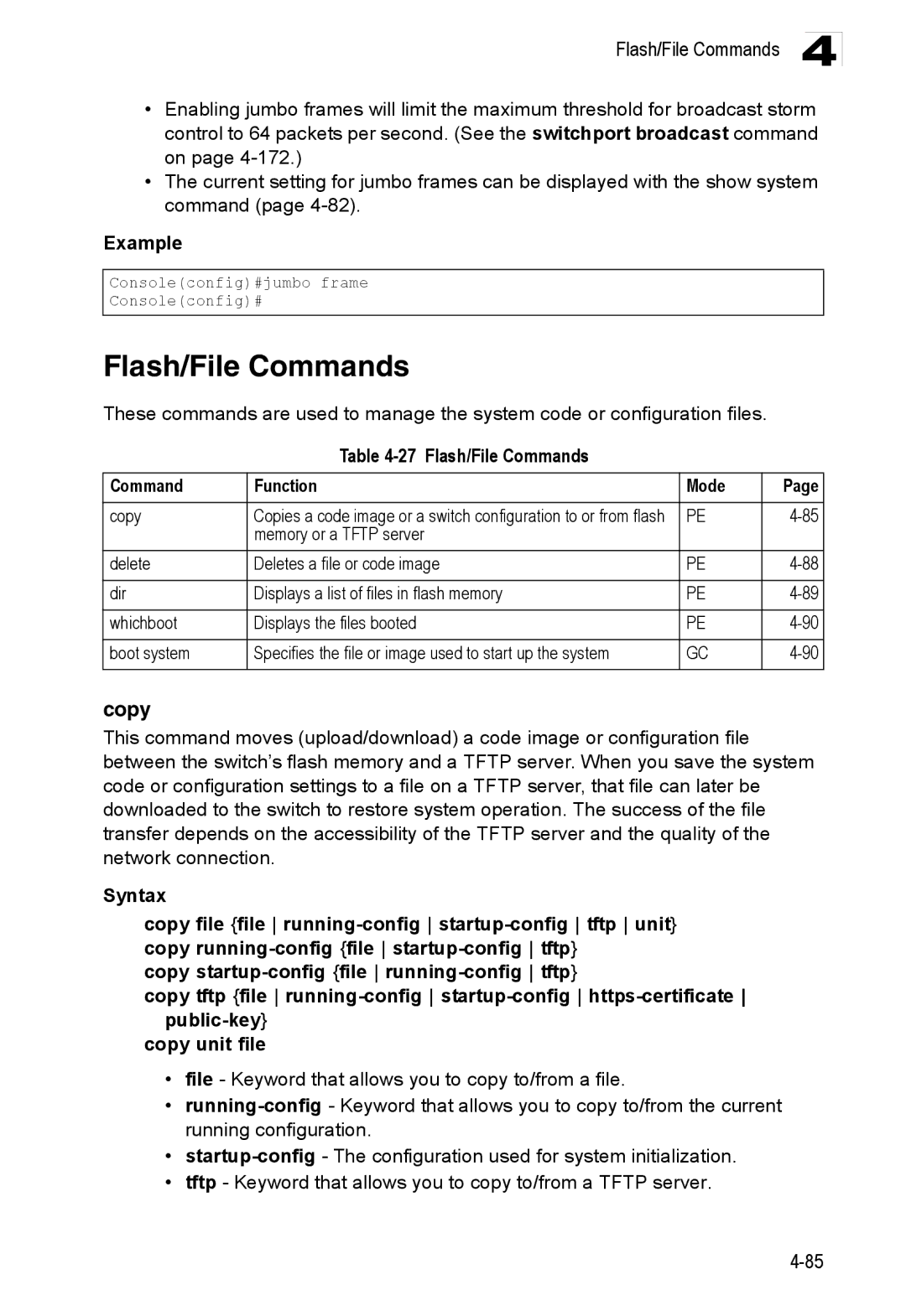 Accton Technology ES3528M-SFP manual Copy, Flash/File Commands Function Mode 