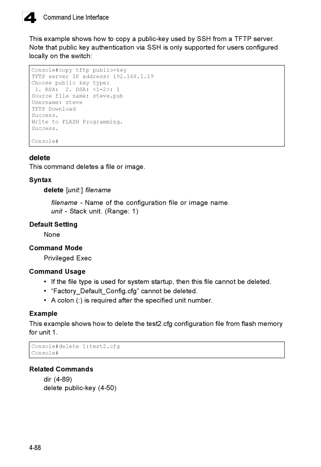 Accton Technology ES3528M-SFP This command deletes a file or image, Delete unit filename, Dir Delete public-key4-50 