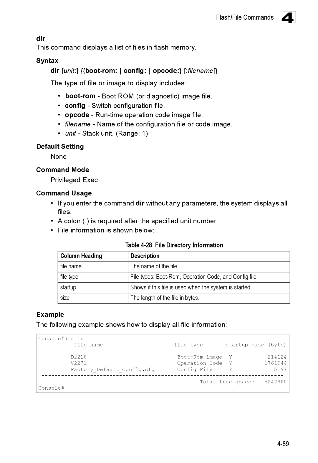 Accton Technology ES3528M-SFP manual Syntax Dir unit boot-rom config opcode filename, File Directory Information 