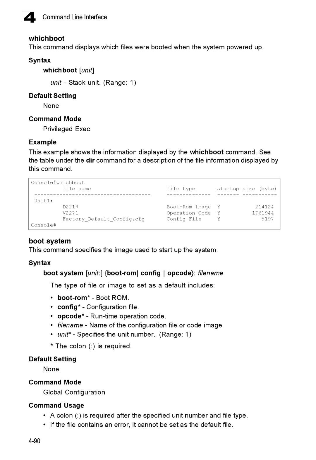 Accton Technology ES3528M-SFP manual Whichboot, Boot system, Syntax whichboot unit 