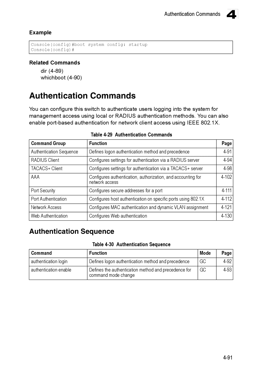 Accton Technology ES3528M-SFP manual Authentication Commands, Authentication Sequence, Dir 4-89 whichboot 