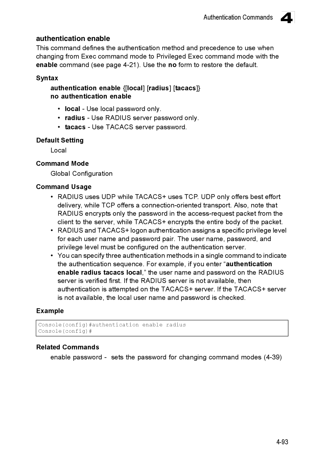 Accton Technology ES3528M-SFP manual Authentication enable, Enable password sets the password for changing command modes 