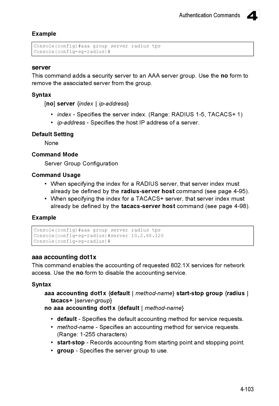 Accton Technology ES3528M-SFP manual Aaa accounting dot1x, No server index ip-address, Server Group Configuration 