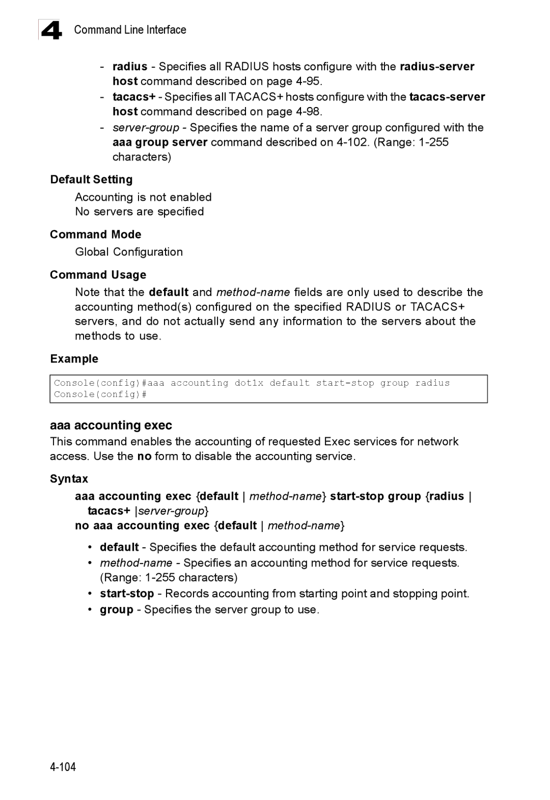 Accton Technology ES3528M-SFP manual Aaa accounting exec, Accounting is not enabled No servers are specified 