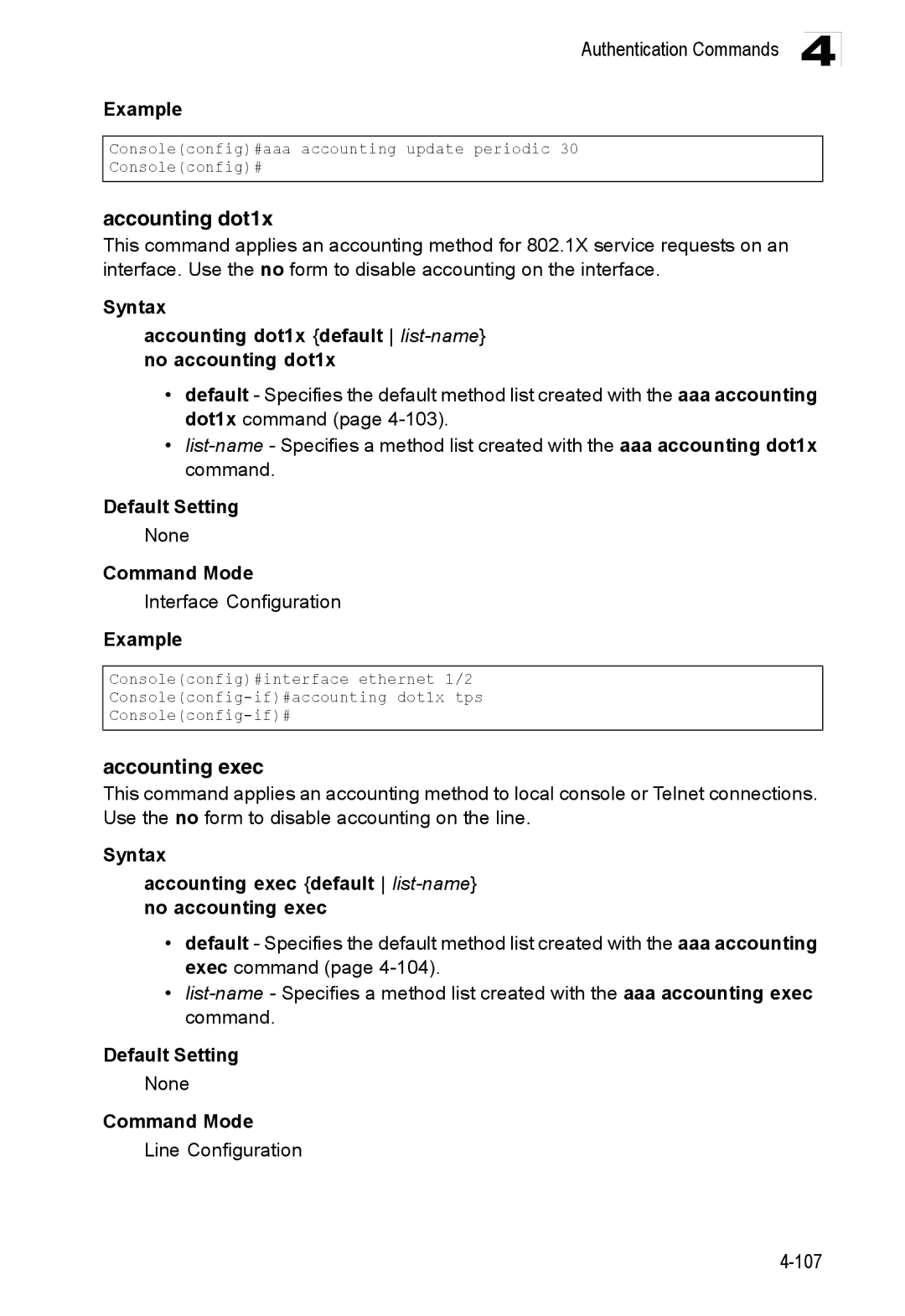 Accton Technology ES3528M-SFP manual Accounting dot1x, Accounting exec, Interface Configuration 