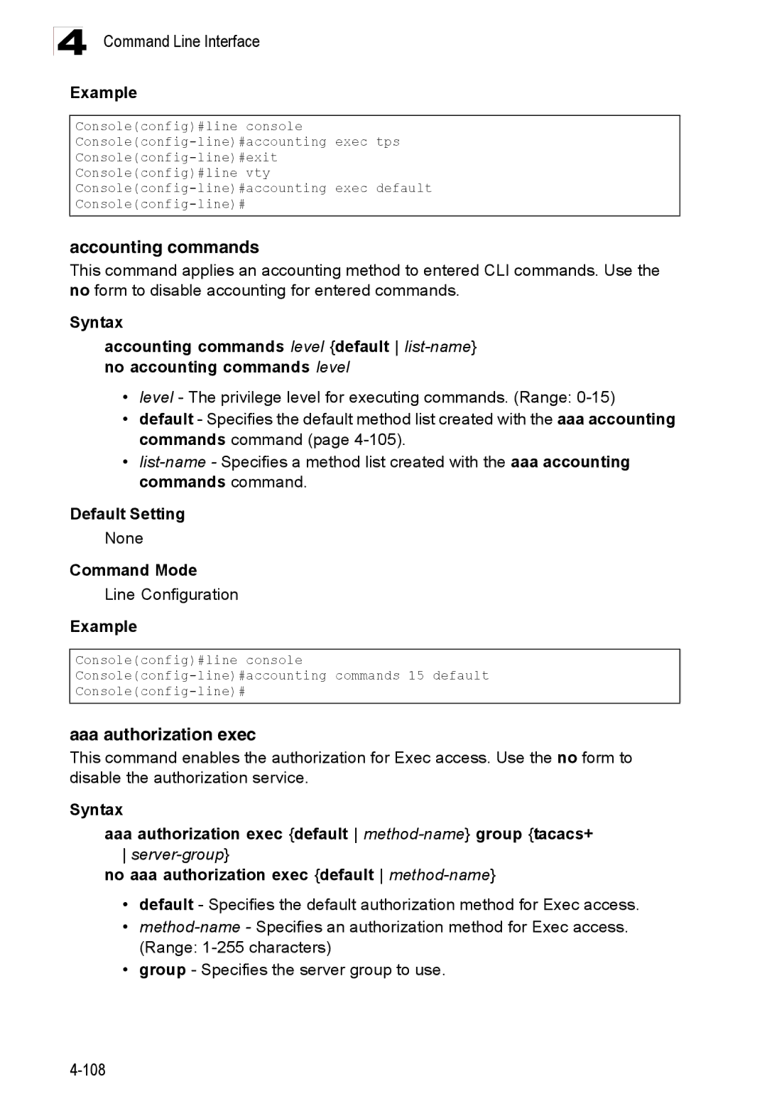 Accton Technology ES3528M-SFP manual Accounting commands, Aaa authorization exec 