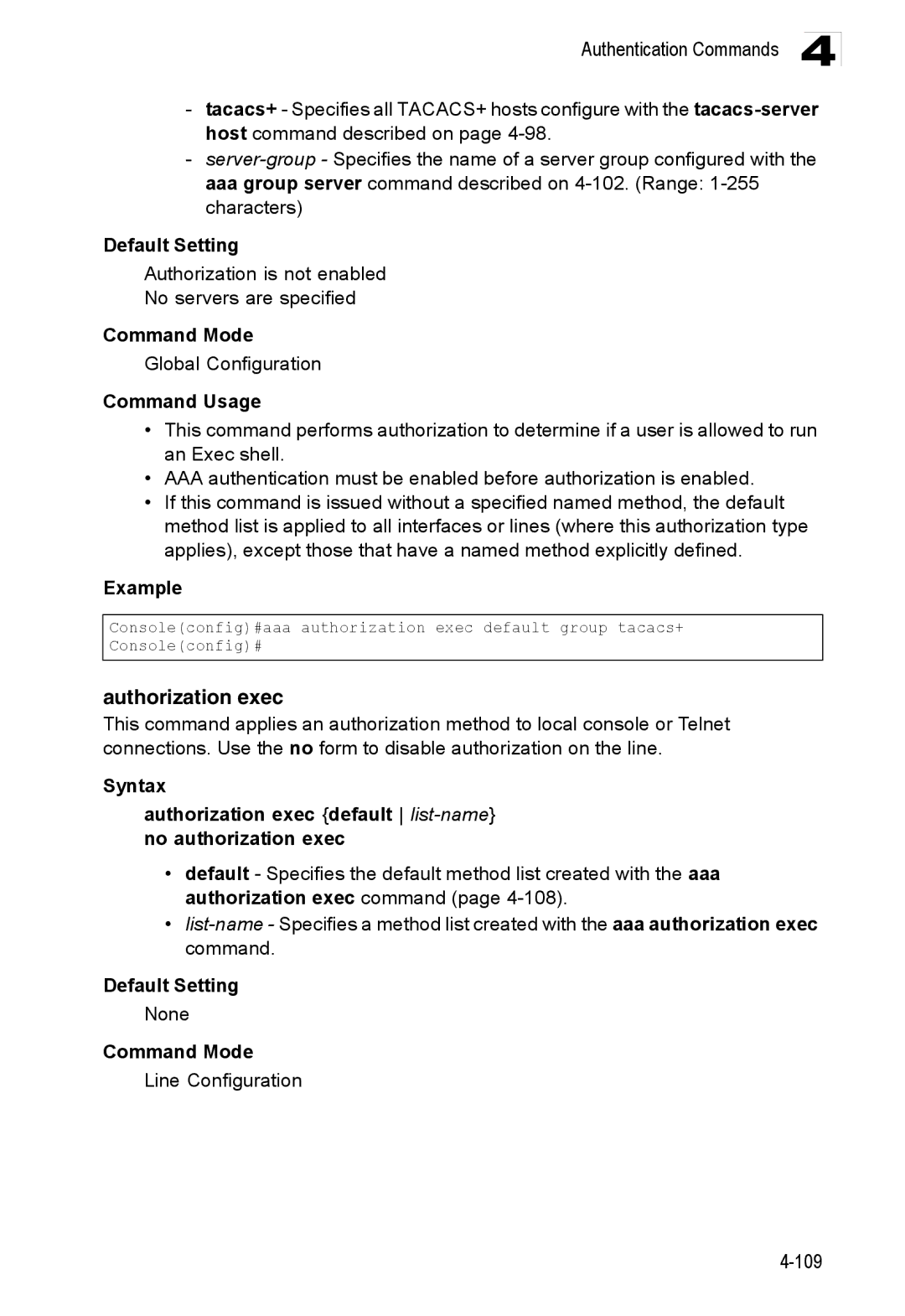 Accton Technology ES3528M-SFP manual Authorization exec, Authorization is not enabled No servers are specified 