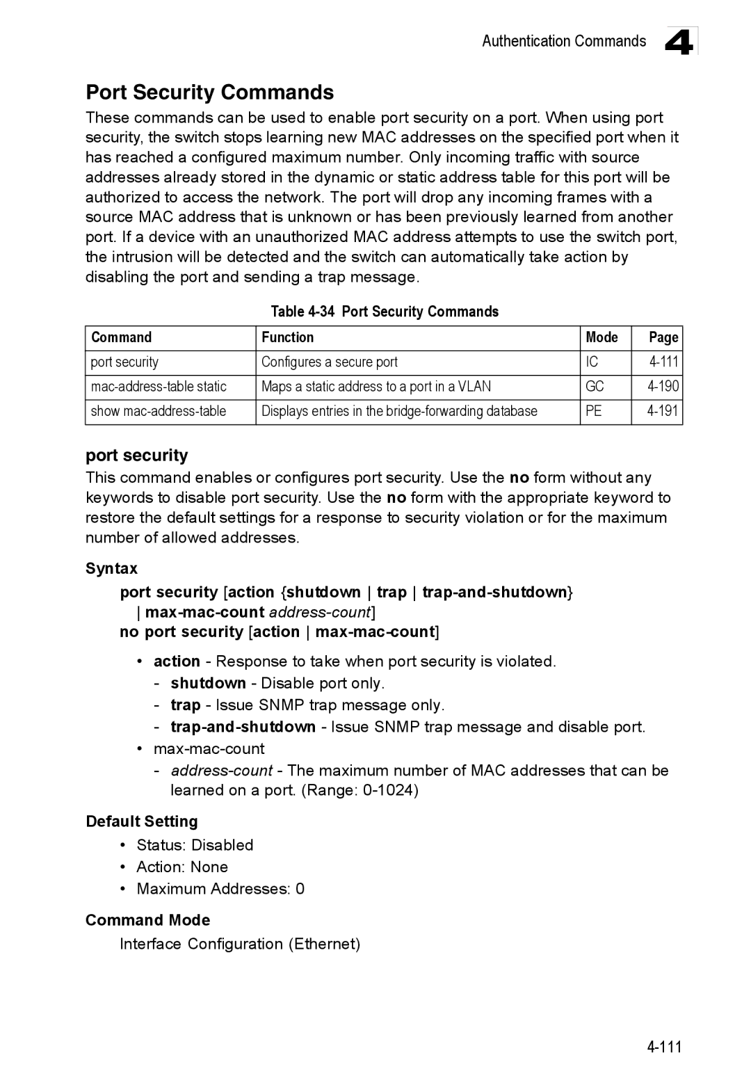 Accton Technology ES3528M-SFP Port security, Port Security Commands Function Mode, Interface Configuration Ethernet 