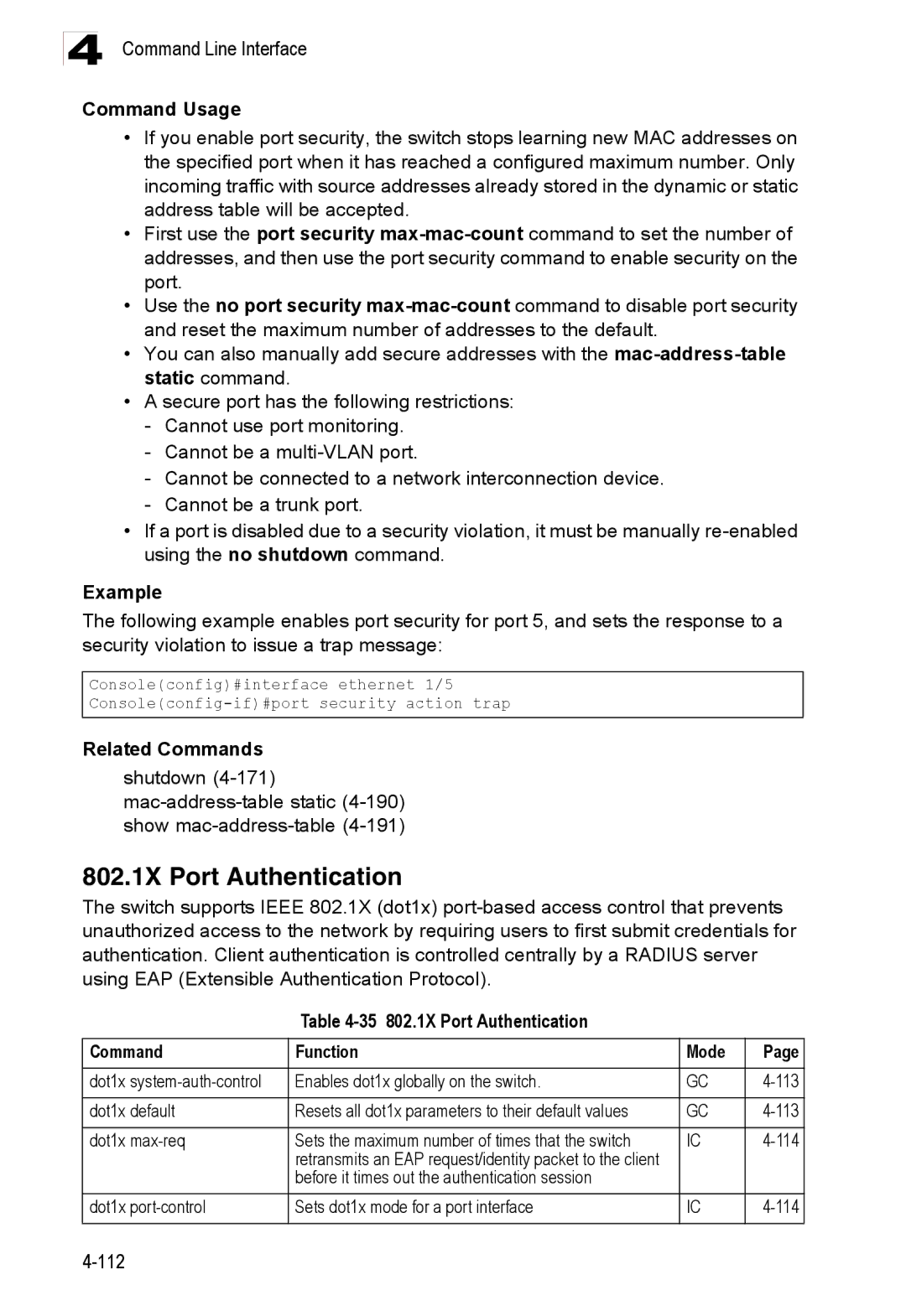 Accton Technology ES3528M-SFP manual 35 802.1X Port Authentication Command Function Mode 