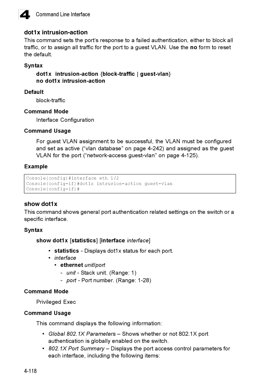 Accton Technology ES3528M-SFP manual Dot1x intrusion-action, Show dot1x, Block-traffic 