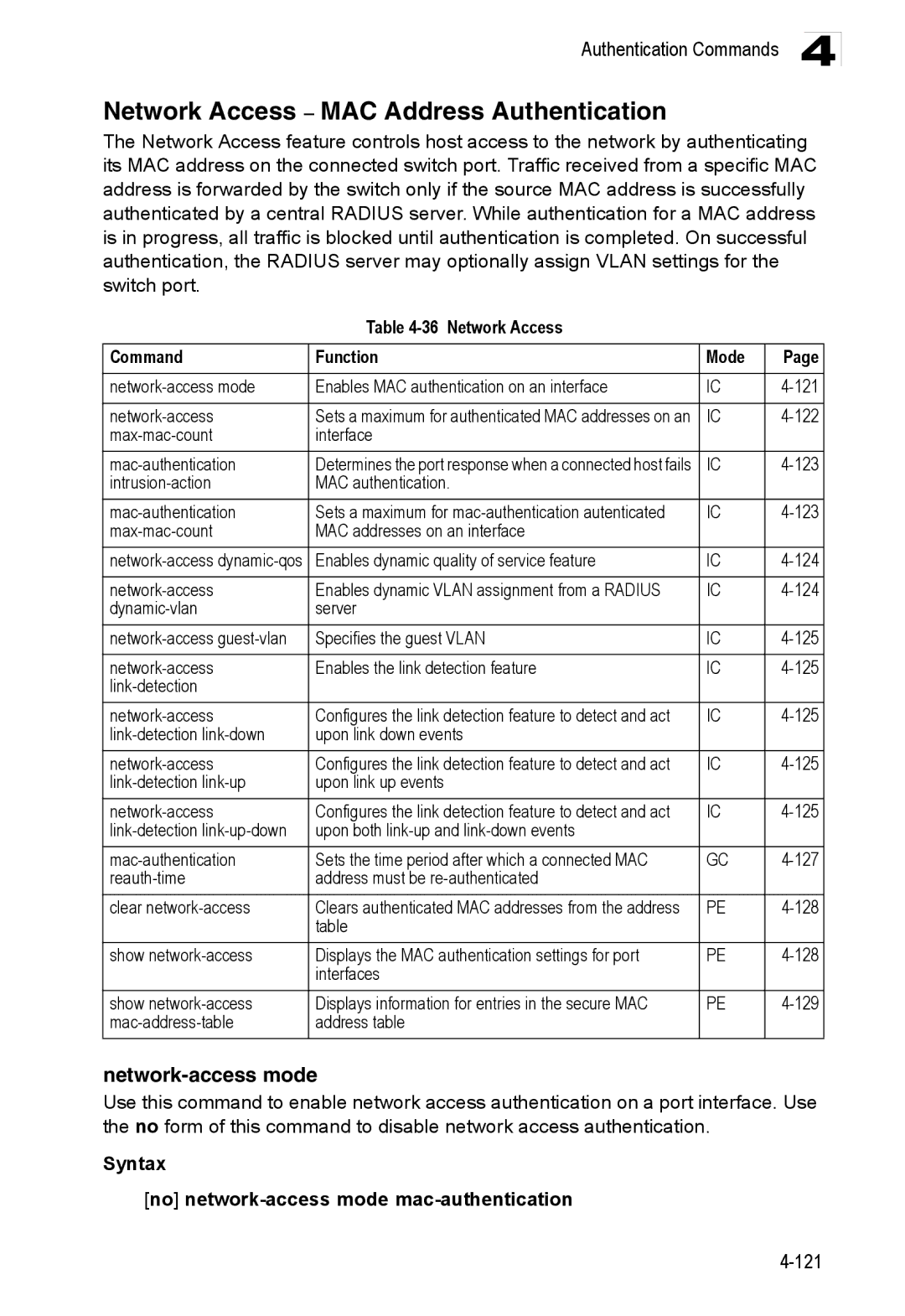 Accton Technology ES3528M-SFP manual Network-access mode, Network Access Command Function Mode, 123 