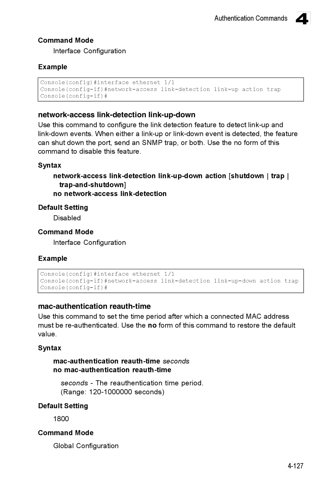 Accton Technology ES3528M-SFP manual Network-access link-detection link-up-down, Mac-authentication reauth-time, 1800 