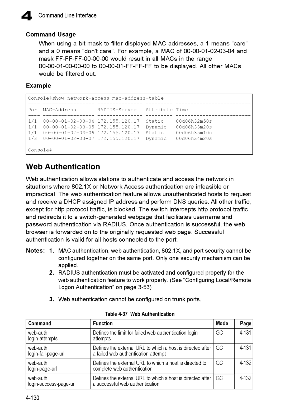 Accton Technology ES3528M-SFP manual Web Authentication Command Function Mode 