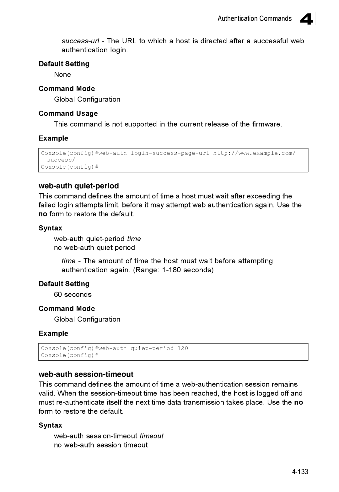 Accton Technology ES3528M-SFP manual Web-auth quiet-period, Web-auth session-timeout 