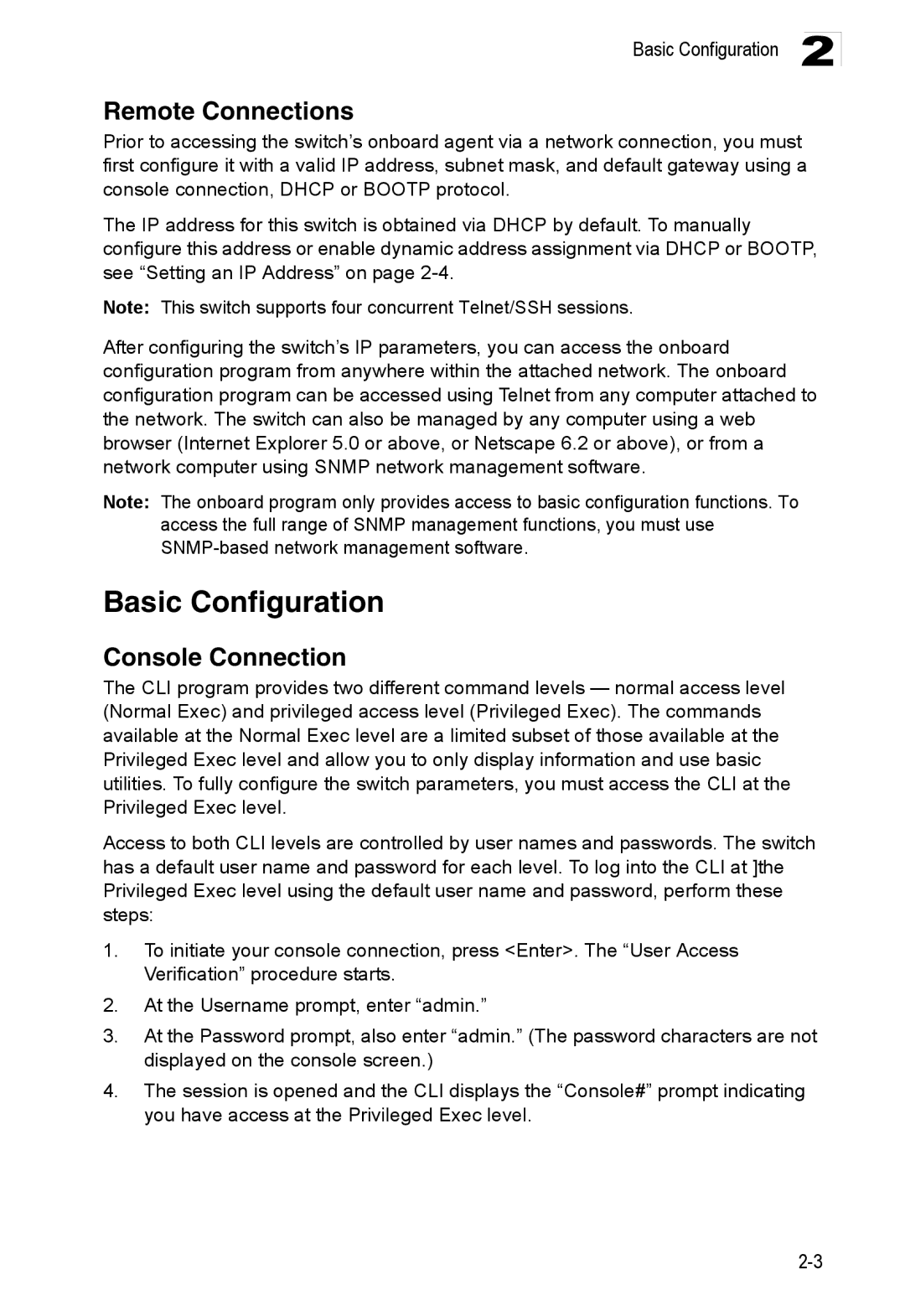 Accton Technology ES3528M-SFP manual Basic Configuration, Remote Connections, Console Connection 