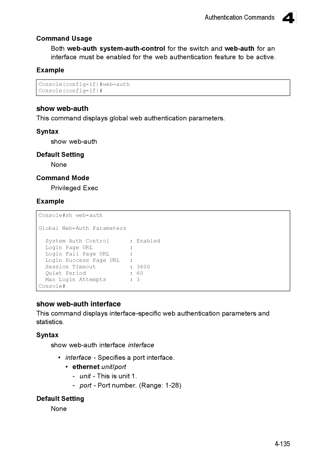 Accton Technology ES3528M-SFP Show web-auth interface, This command displays global web authentication parameters 