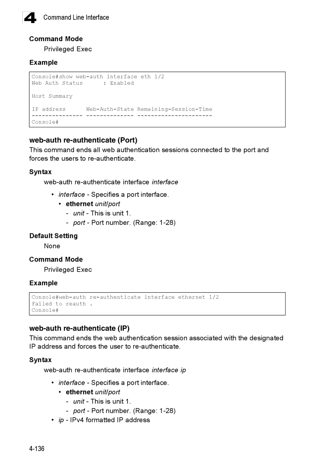 Accton Technology ES3528M-SFP manual Web-auth re-authenticate Port, Web-auth re-authenticate IP 