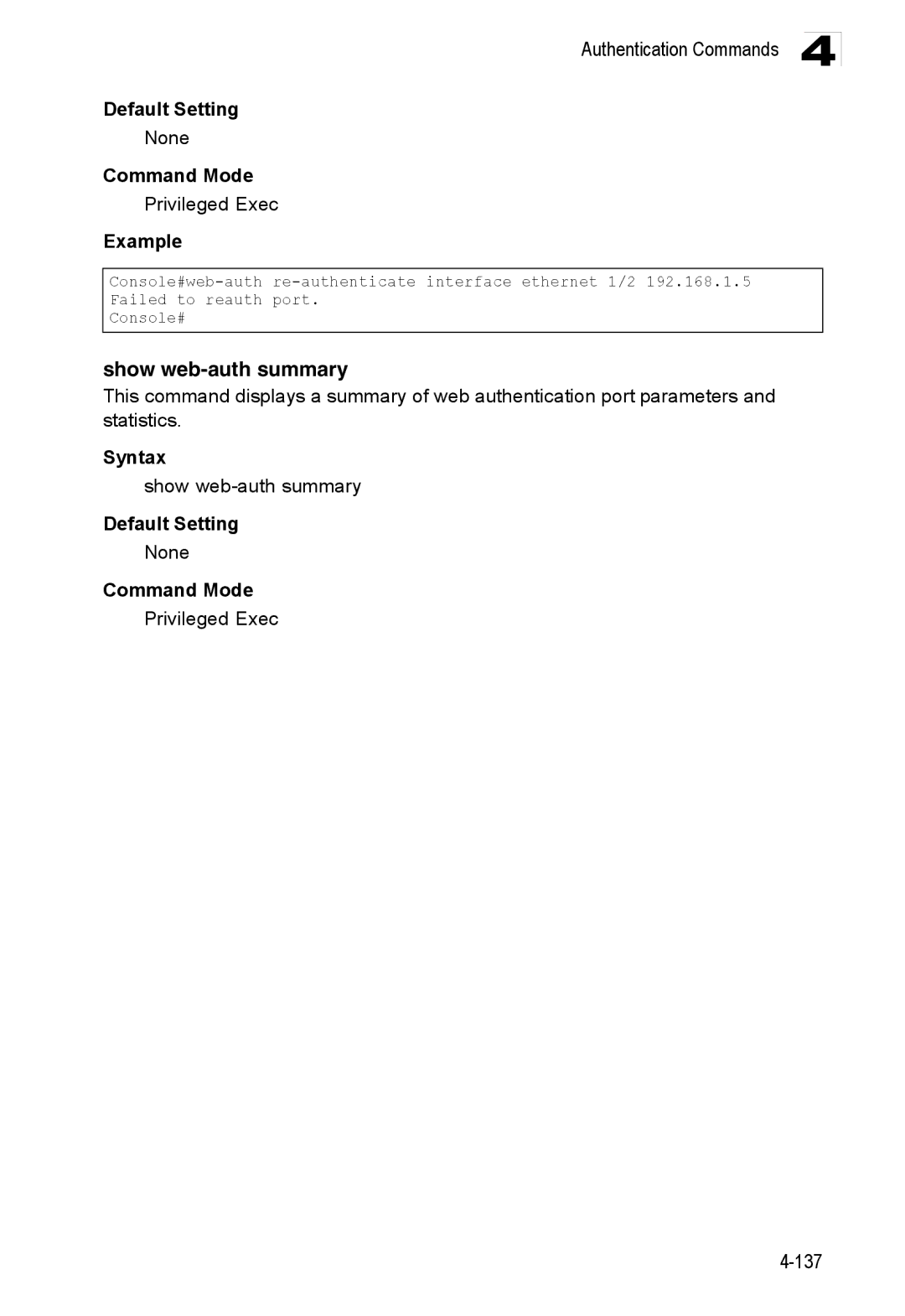 Accton Technology ES3528M-SFP manual Show web-auth summary 