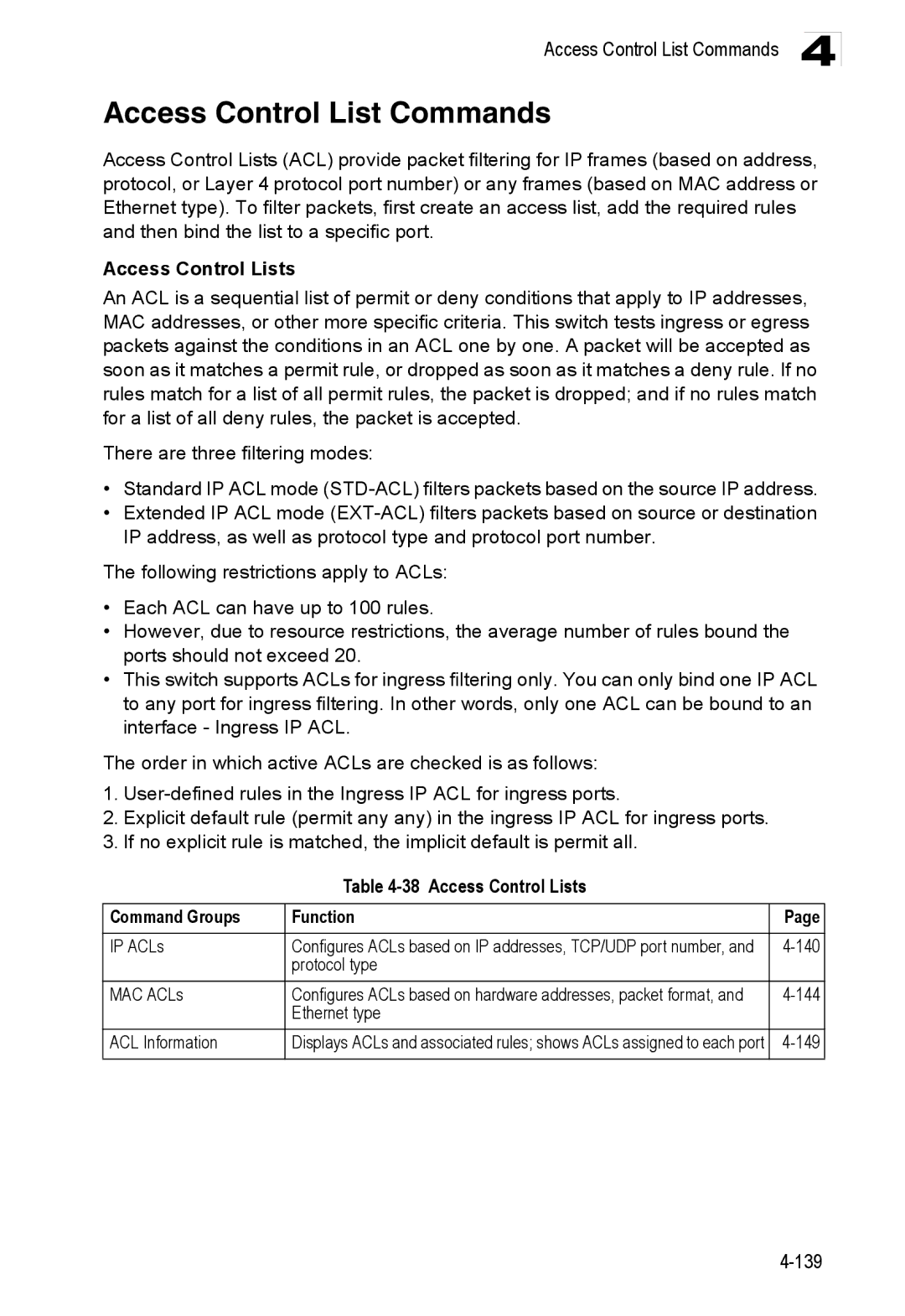 Accton Technology ES3528M-SFP manual Access Control List Commands, Access Control Lists 