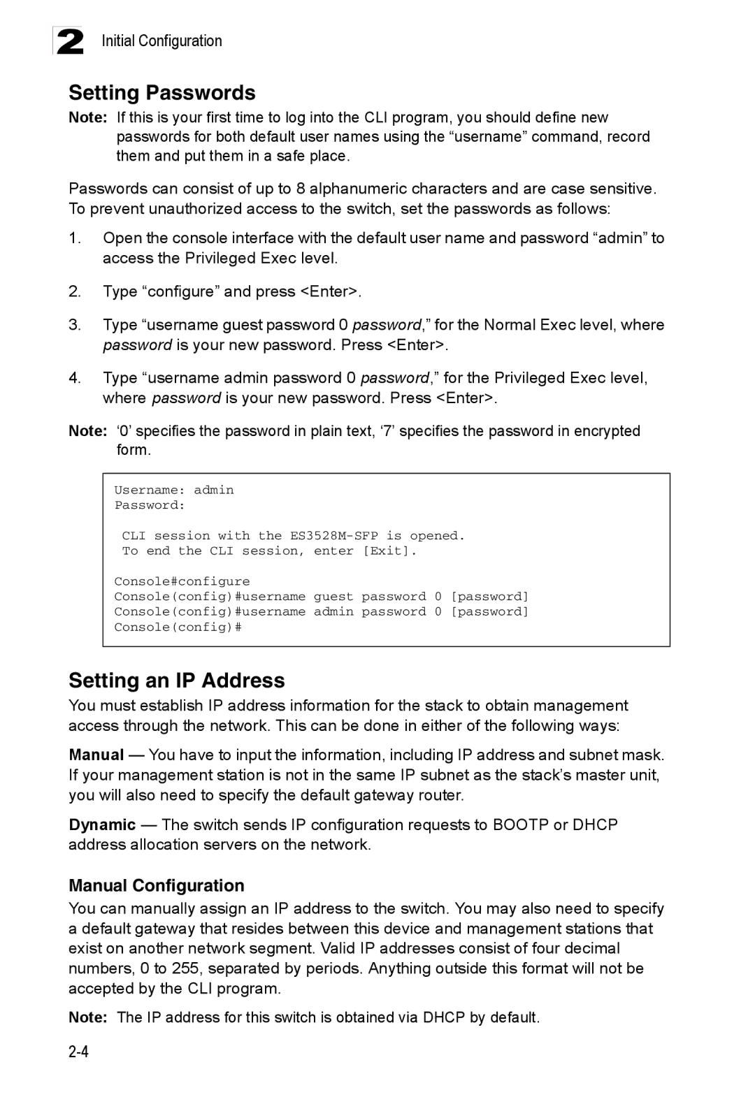 Accton Technology ES3528M-SFP manual Setting Passwords, Setting an IP Address, Manual Configuration 