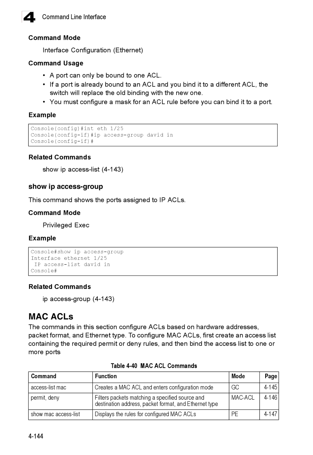 Accton Technology ES3528M-SFP MAC ACLs, Show ip access-group, Show ip access-list4-143, MAC ACL Commands Function Mode 