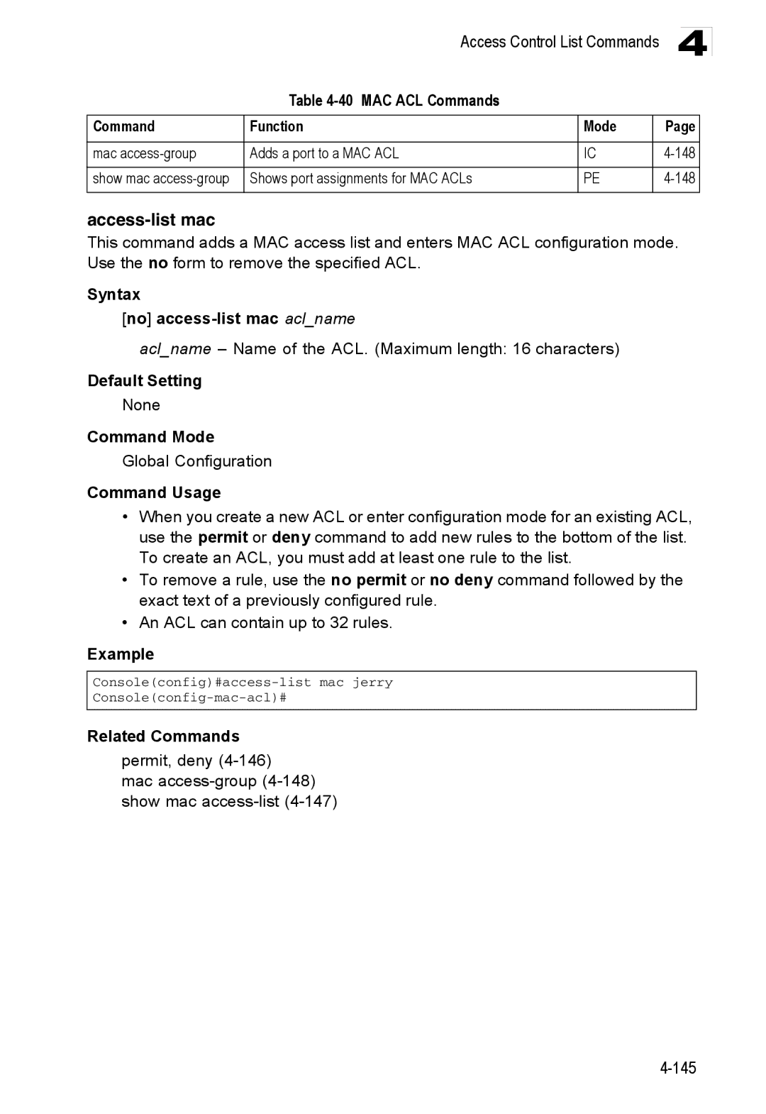 Accton Technology ES3528M-SFP manual Access-list mac, Syntax No access-list mac aclname 