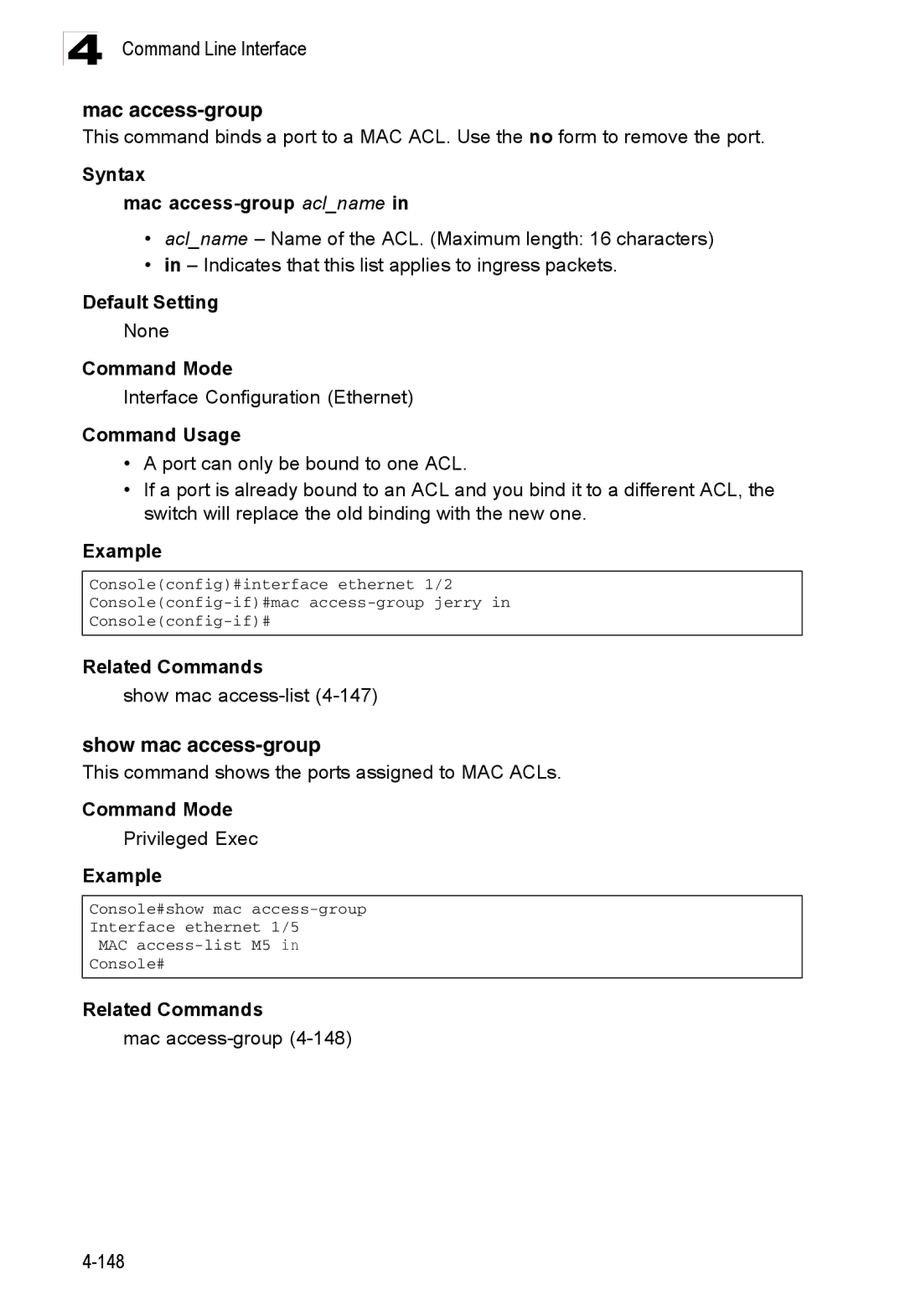 Accton Technology ES3528M-SFP manual Show mac access-group, Syntax Mac access-group aclname, Show mac access-list4-147 