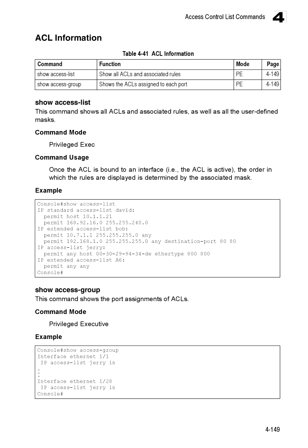 Accton Technology ES3528M-SFP manual Show access-list, Show access-group, ACL Information Command Function Mode 