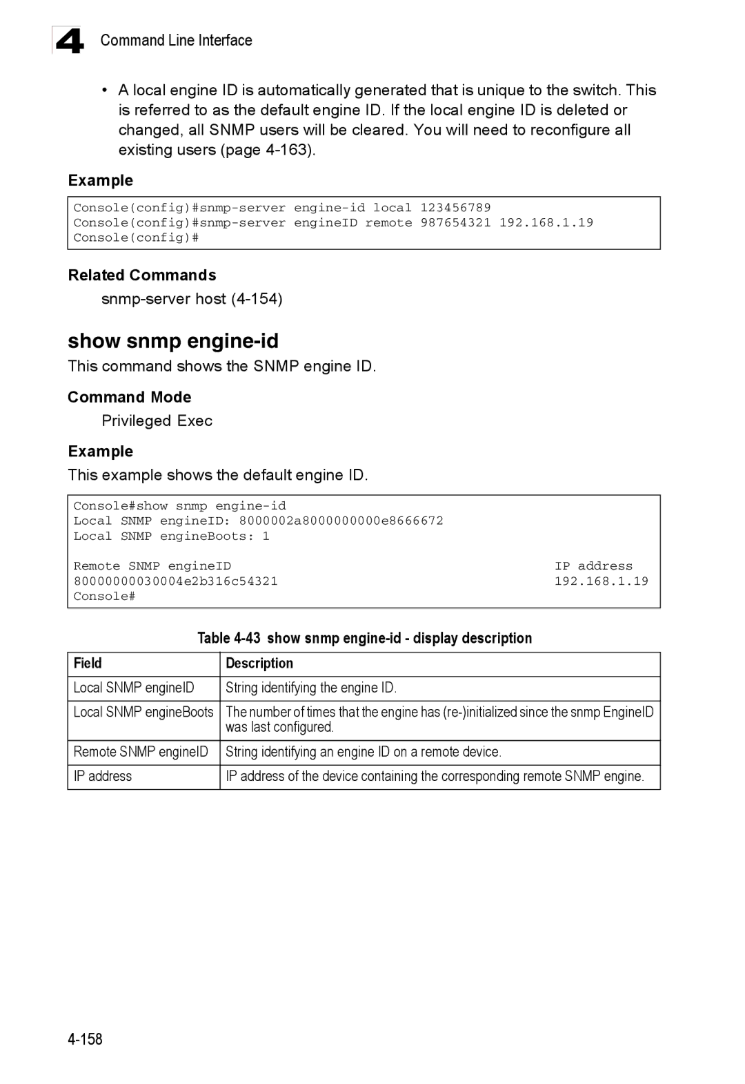 Accton Technology ES3528M-SFP manual Show snmp engine-id, This command shows the Snmp engine ID 