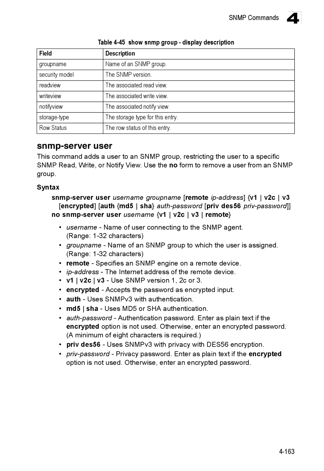 Accton Technology ES3528M-SFP manual Snmp-server user, show snmp group display description 