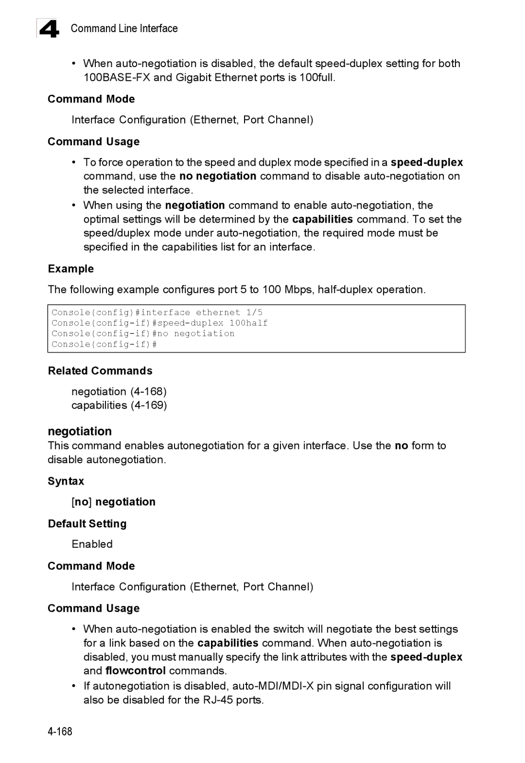 Accton Technology ES3528M-SFP manual Negotiation 4-168 capabilities, Syntax No negotiation Default Setting 