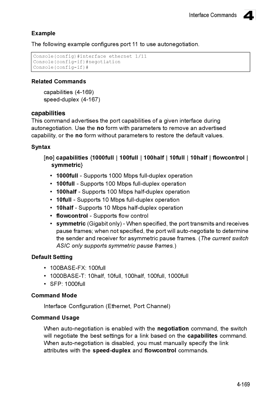 Accton Technology ES3528M-SFP manual Capabilities, Following example configures port 11 to use autonegotiation 