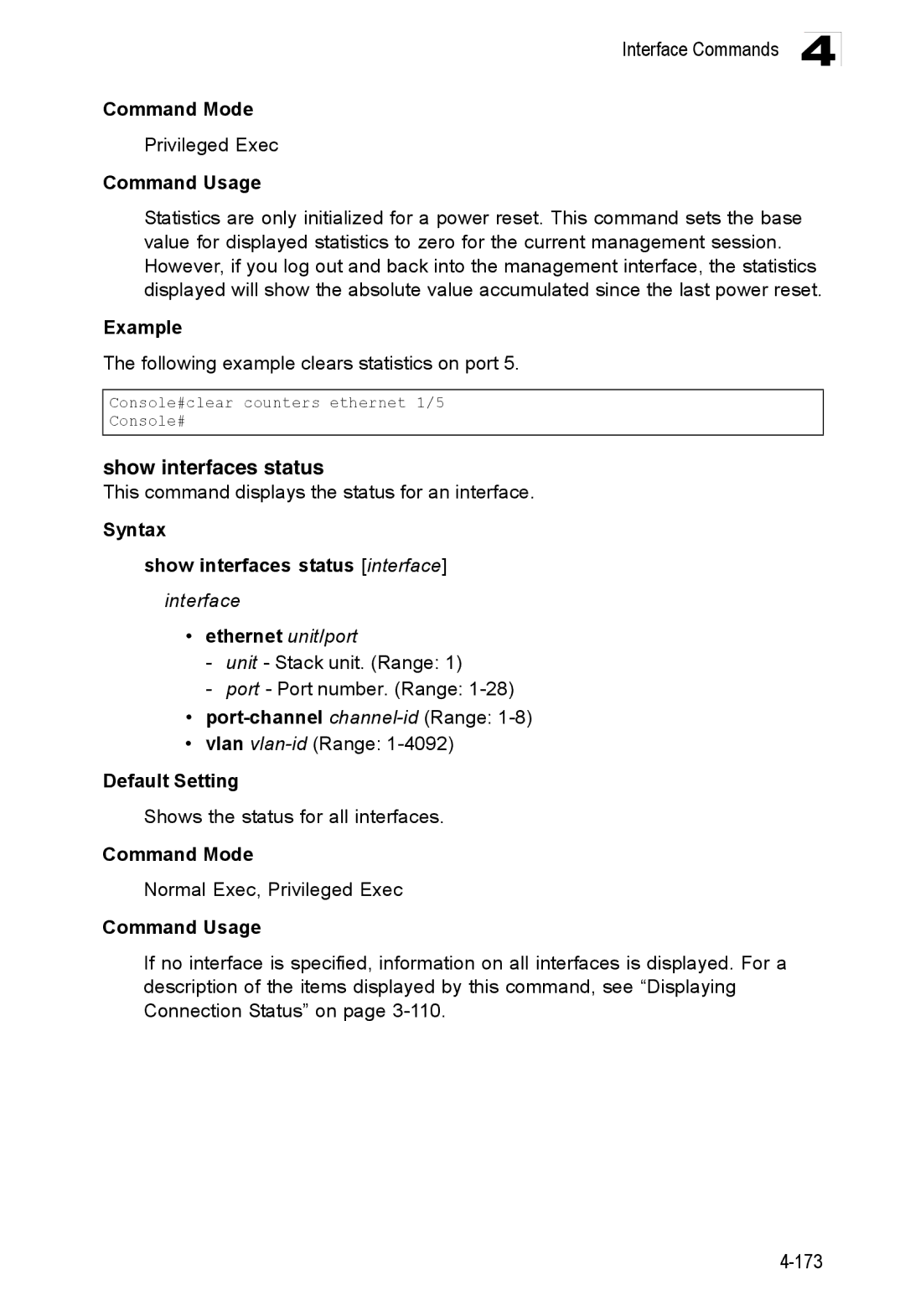 Accton Technology ES3528M-SFP manual Show interfaces status, Following example clears statistics on port 