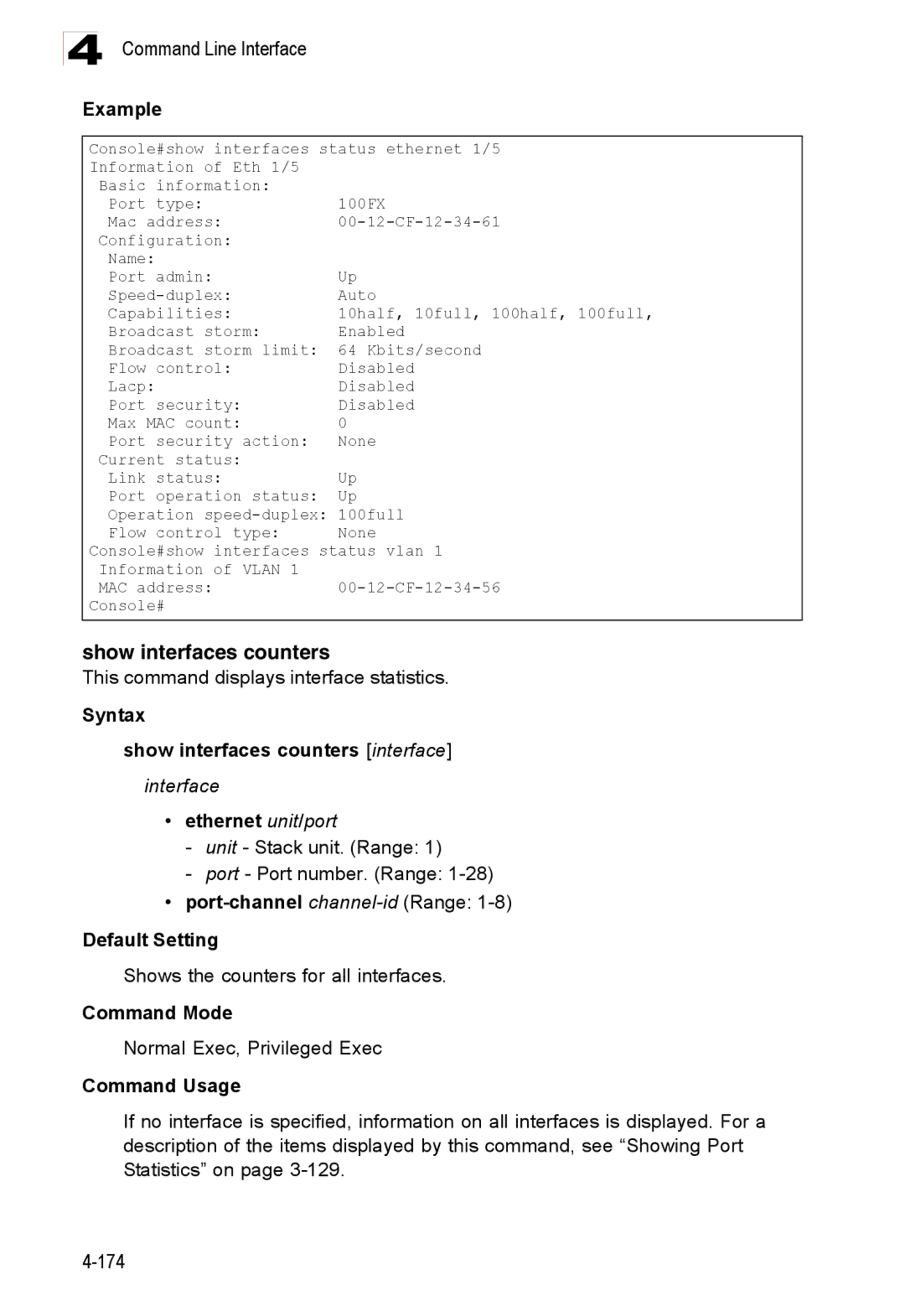 Accton Technology ES3528M-SFP manual Show interfaces counters, This command displays interface statistics 