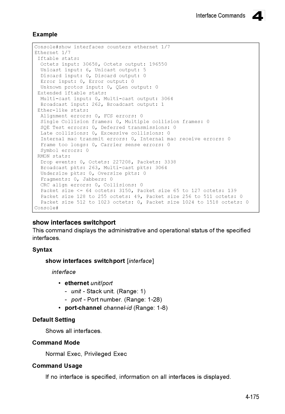 Accton Technology ES3528M-SFP manual Syntax Show interfaces switchport interface, Shows all interfaces 