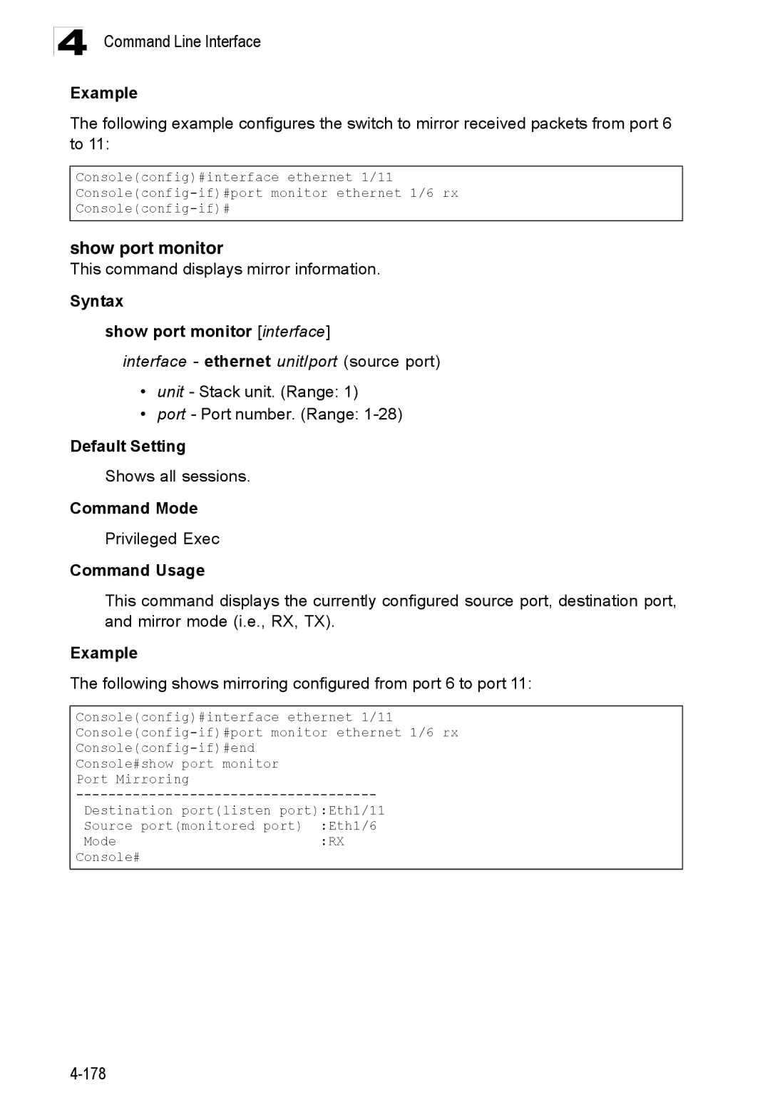 Accton Technology ES3528M-SFP manual Show port monitor, This command displays mirror information, Shows all sessions 