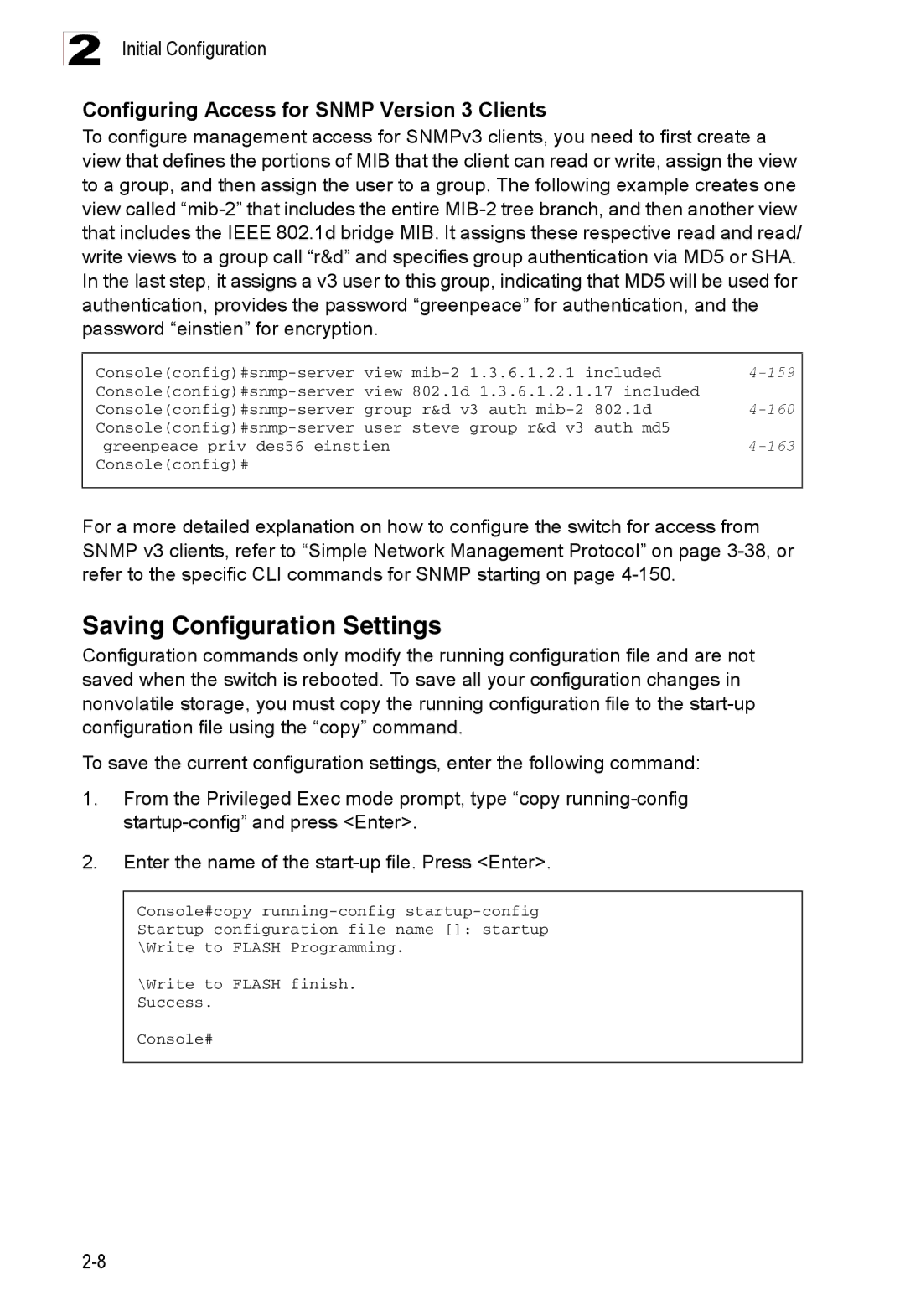 Accton Technology ES3528M-SFP Saving Configuration Settings, Configuring Access for Snmp Version 3 Clients, 159, 160, 163 