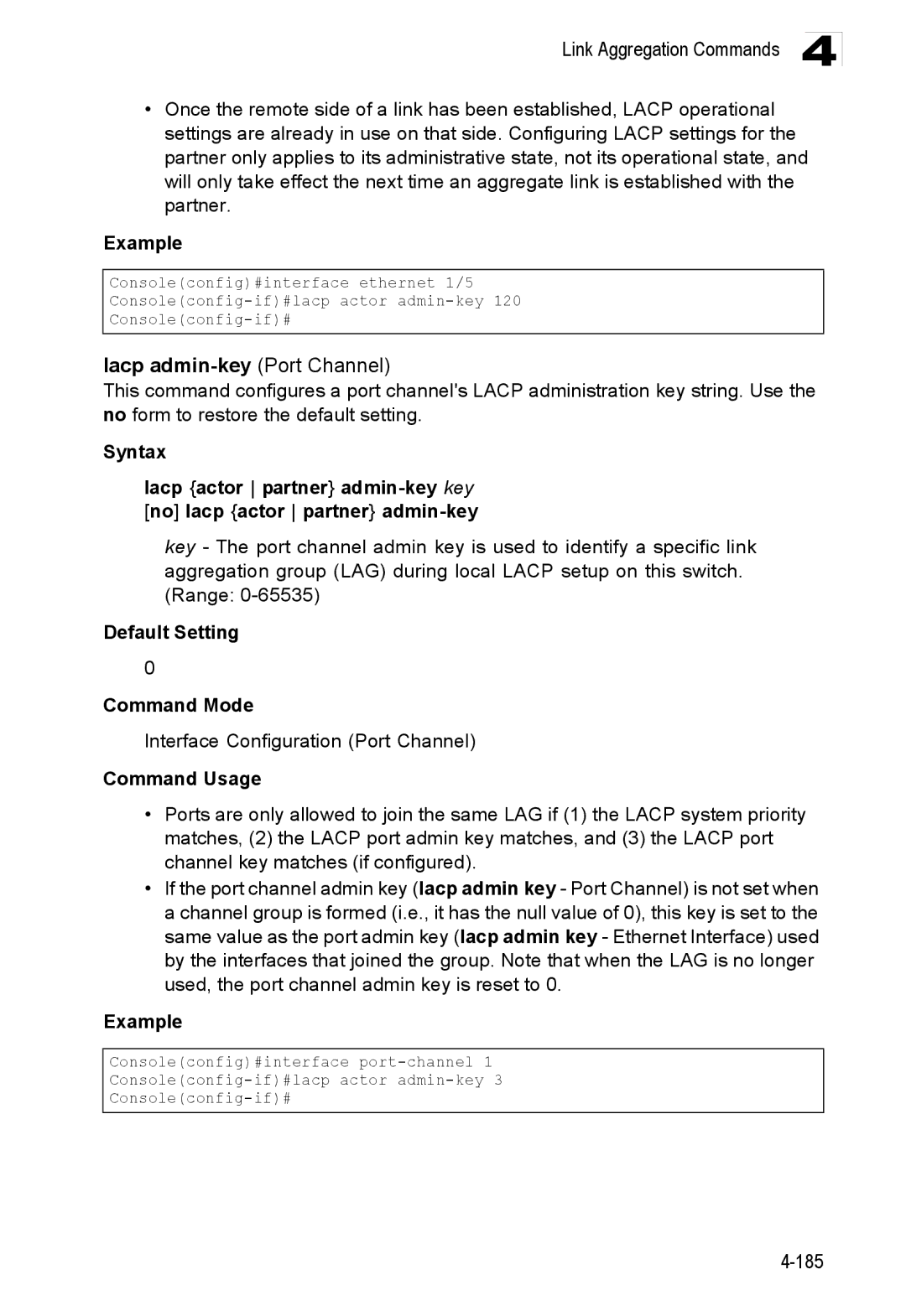 Accton Technology ES3528M-SFP manual Lacp admin-key Port Channel, Interface Configuration Port Channel 