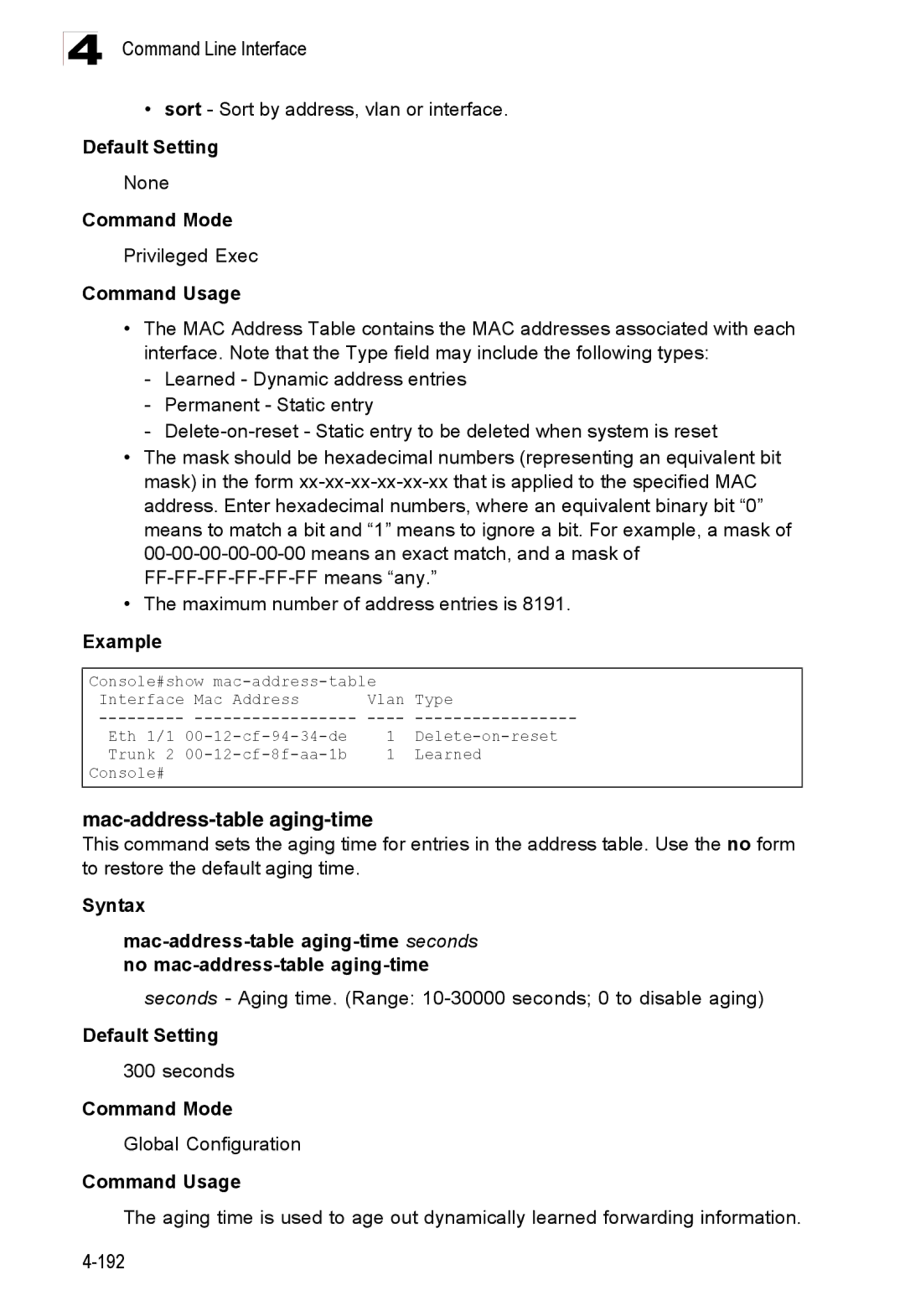 Accton Technology ES3528M-SFP manual Mac-address-table aging-time, Sort Sort by address, vlan or interface 