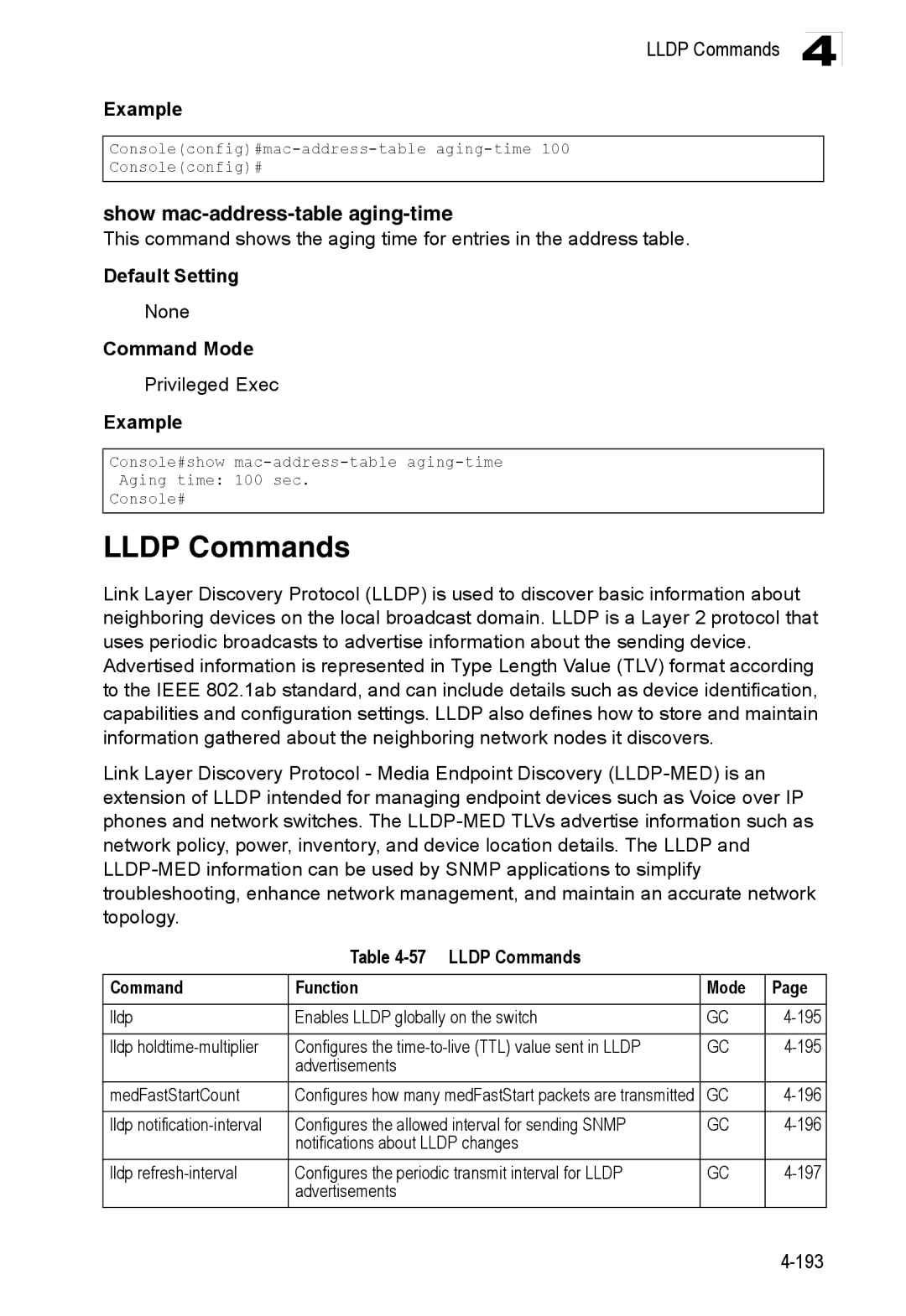 Accton Technology ES3528M-SFP manual Show mac-address-table aging-time, Lldp Commands Function Mode, 196 