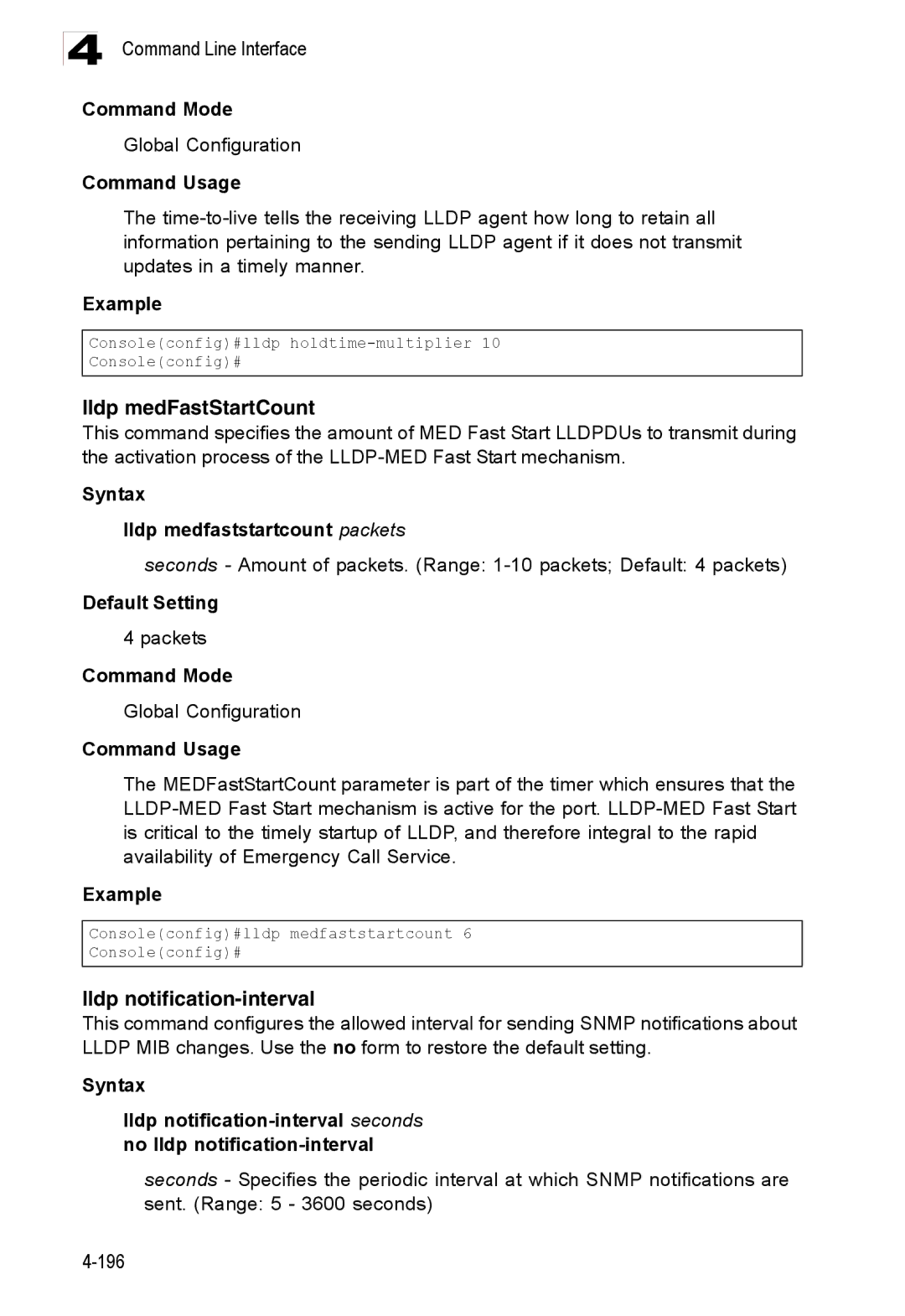 Accton Technology ES3528M-SFP Lldp medFastStartCount, Lldp notification-interval, Syntax Lldp medfaststartcount packets 